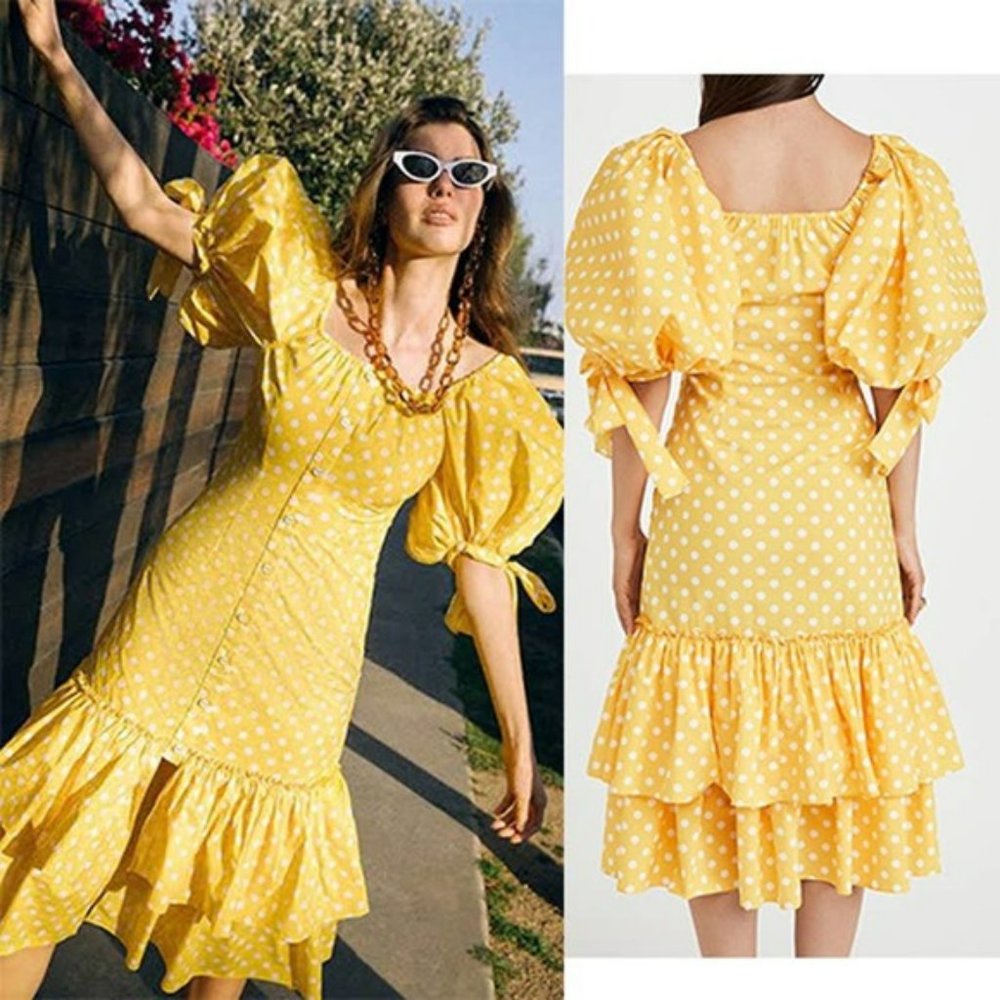 CAROLINE CONSTAS Women's Polka Dot-print Nella Midi Dress In Yellow NWT Small